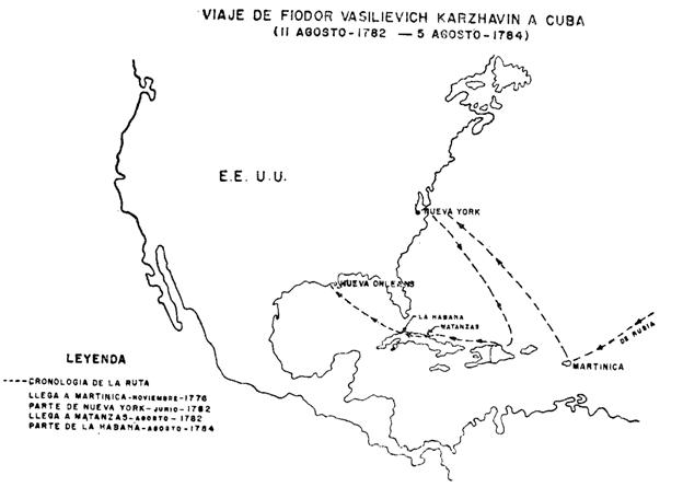 Карта путешествия  Фёдора Васильевича Каржавина на Кубу