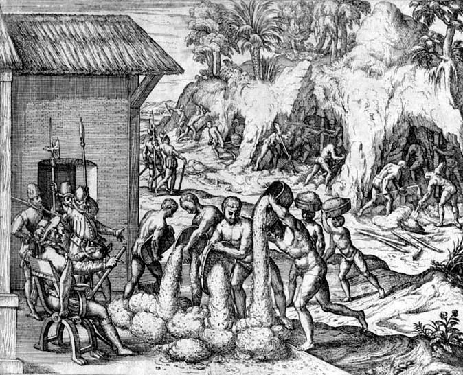 Этот рисунок изображает рабский труд в Эспаньоле (Гаити). Это раннее изображение рабского труда в Америке, на котором показано, что испанцы заставляли индейцев работать на шахтах.